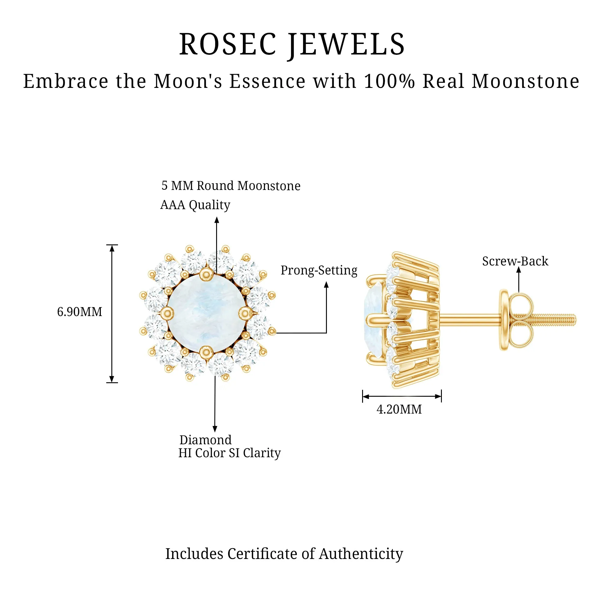 1 CT Moonstone and Diamond Halo Stud Earrings