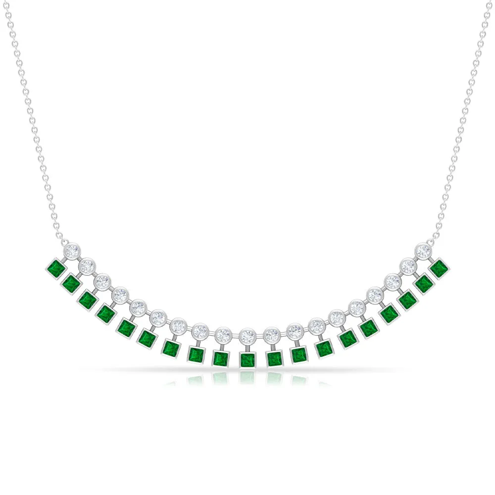 1.25 CT Created Emerald Curved Bar Pendant Necklace with Zircon
