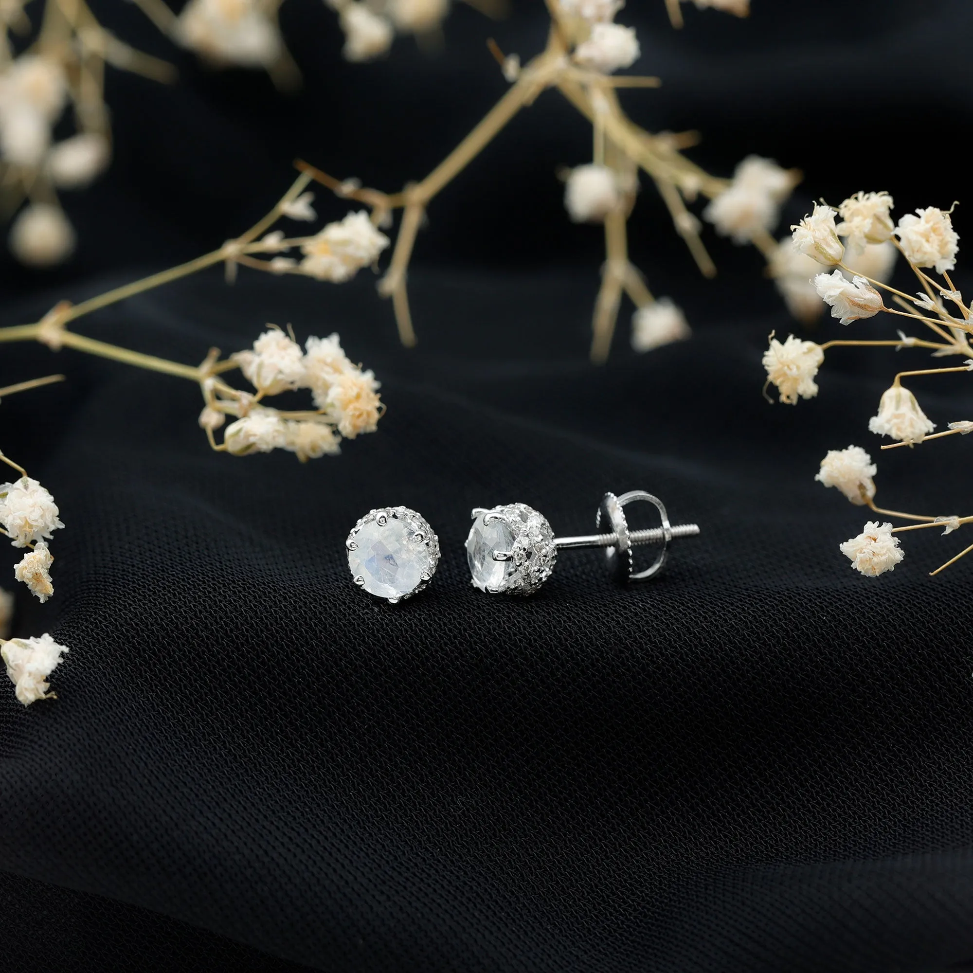 1.25 CT Moonstone Solitaire and Diamond Stud Earrings