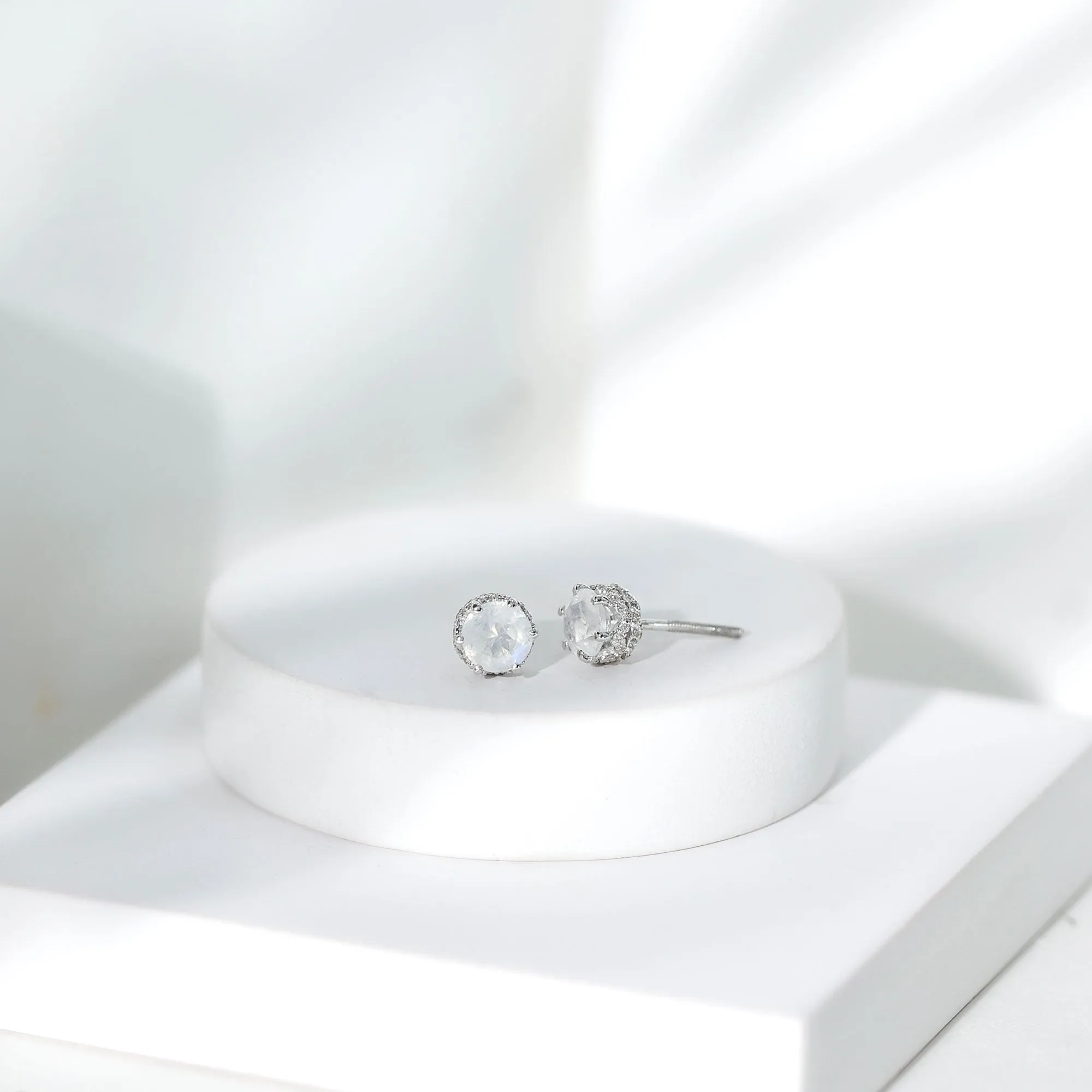 1.25 CT Moonstone Solitaire and Diamond Stud Earrings