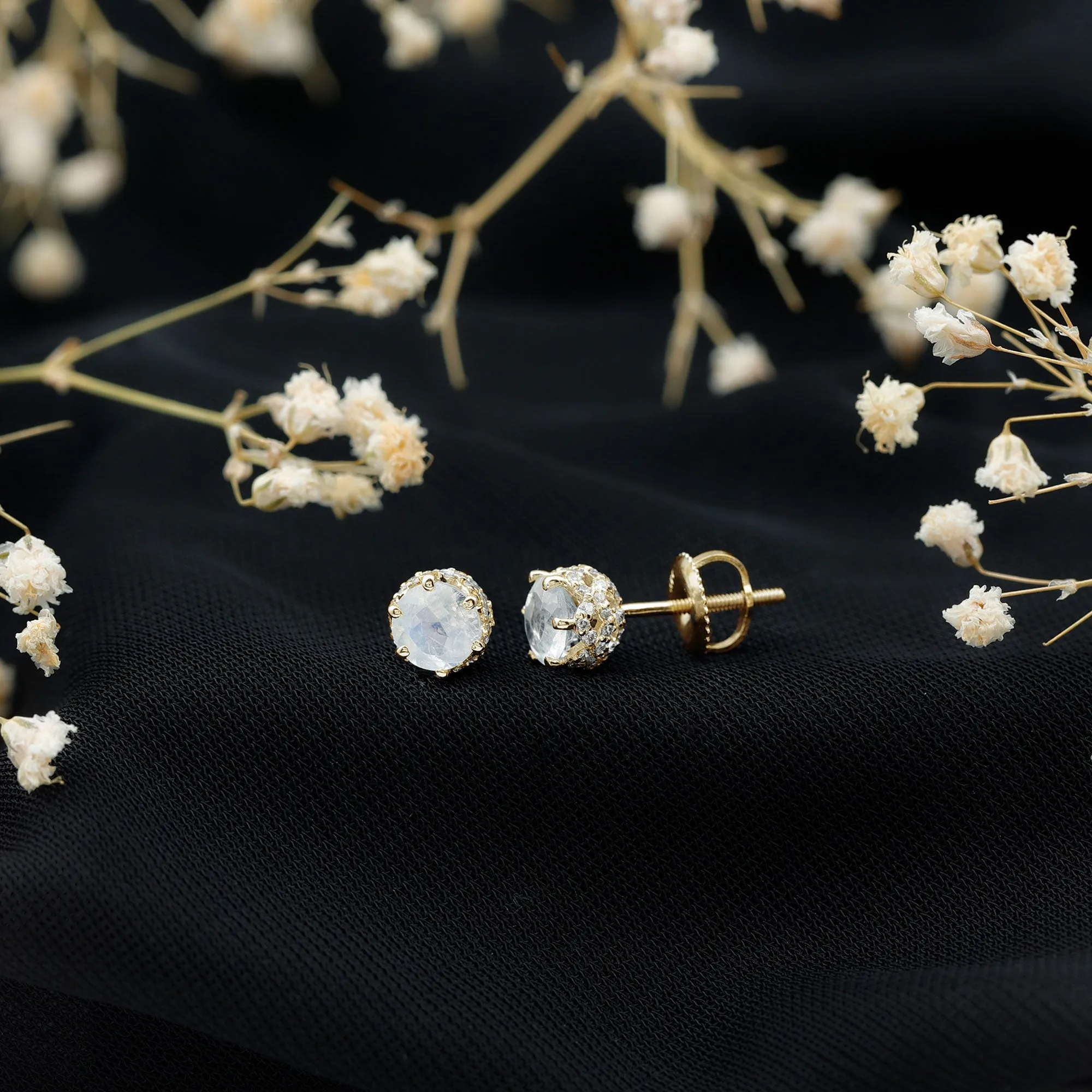 1.25 CT Moonstone Solitaire and Diamond Stud Earrings
