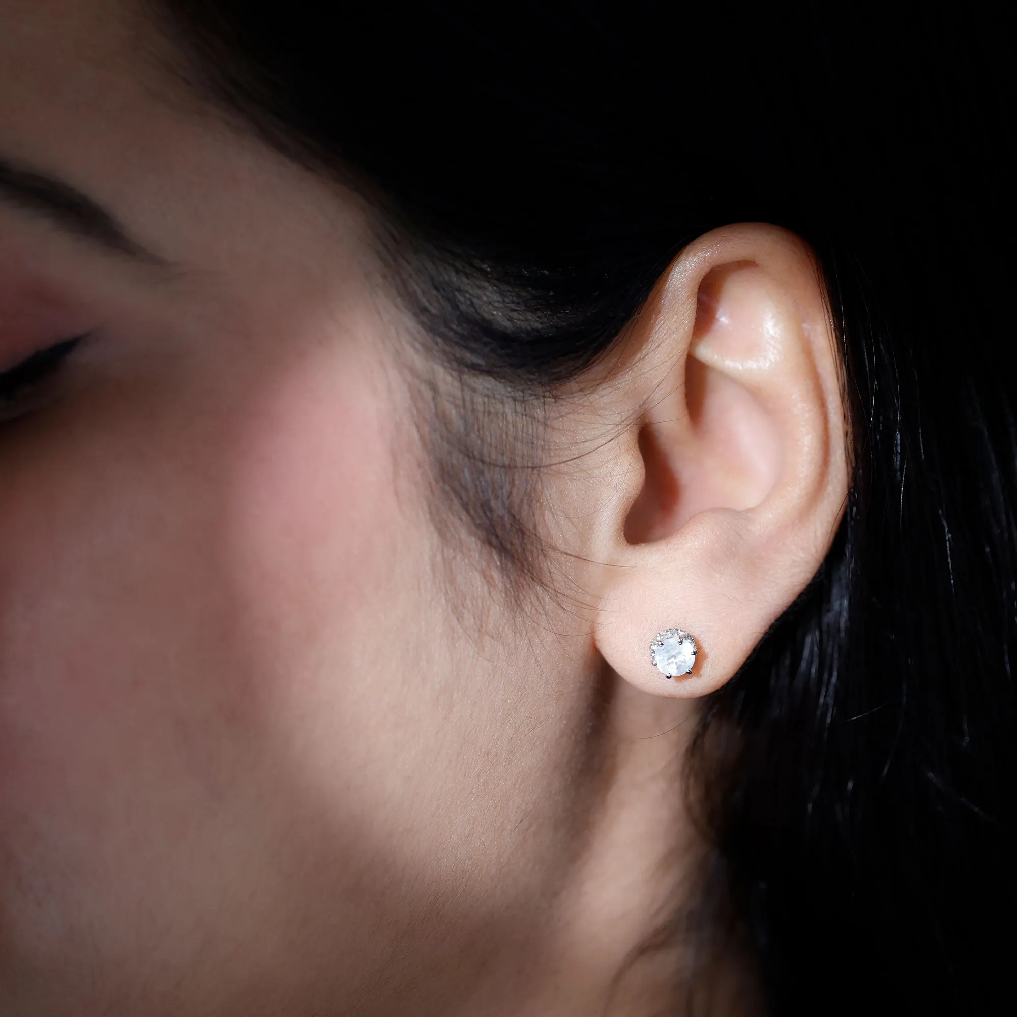 1.25 CT Moonstone Solitaire and Diamond Stud Earrings