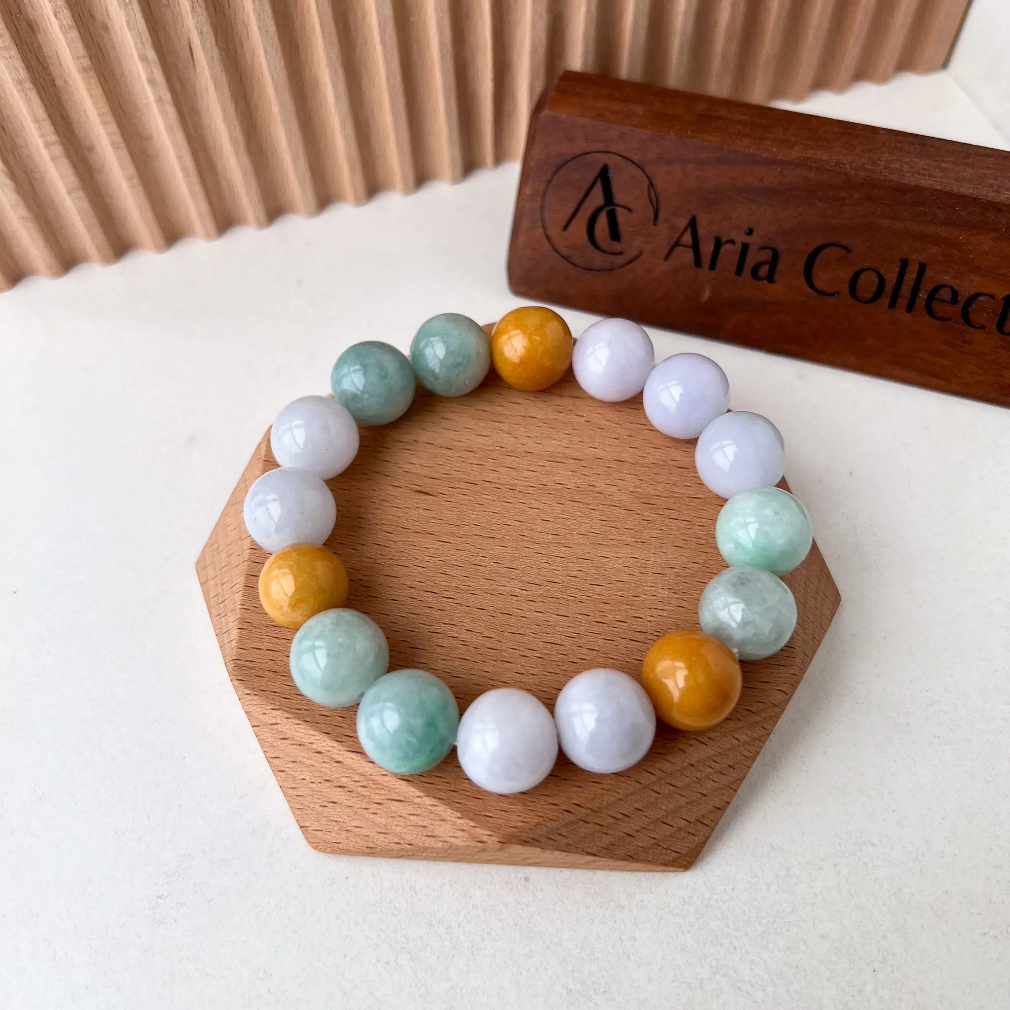 13.5 mm Jadeite Jade Light Lavender Purple and Green Yellow Bracelet, LZG-0822-3335705