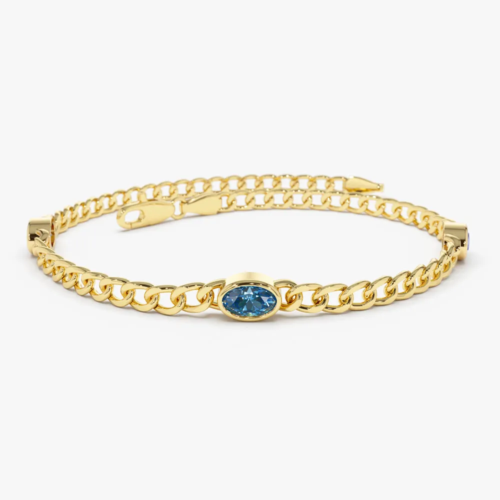 14k Cuban Link Bracelet w/ Bezel Setting London Blue Topaz