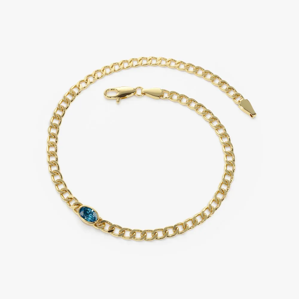 14k Cuban Link Bracelet w/ Bezel Setting London Blue Topaz