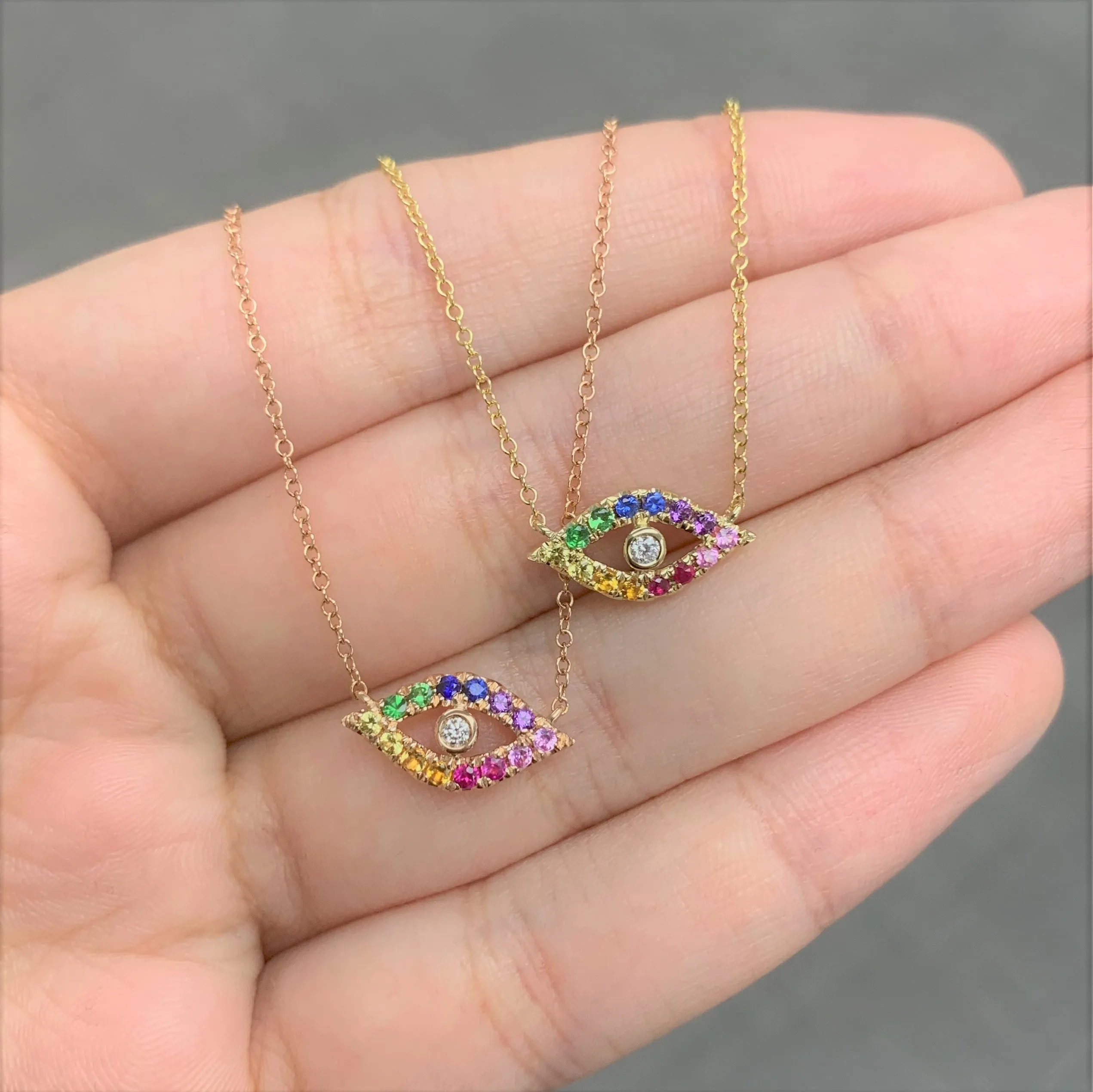 14k Gold & Rainbow Sapphire Evil Eye Necklace