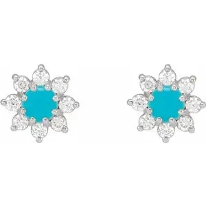 14K Gold Natural Turquoise & 1/8 CTW Natural Diamond Flower Earrings