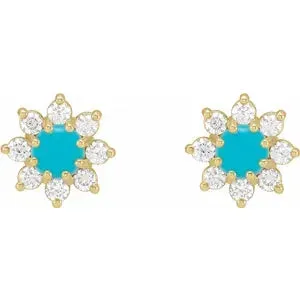 14K Gold Natural Turquoise & 1/8 CTW Natural Diamond Flower Earrings