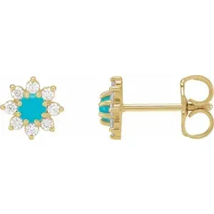 14K Gold Natural Turquoise & 1/8 CTW Natural Diamond Flower Earrings