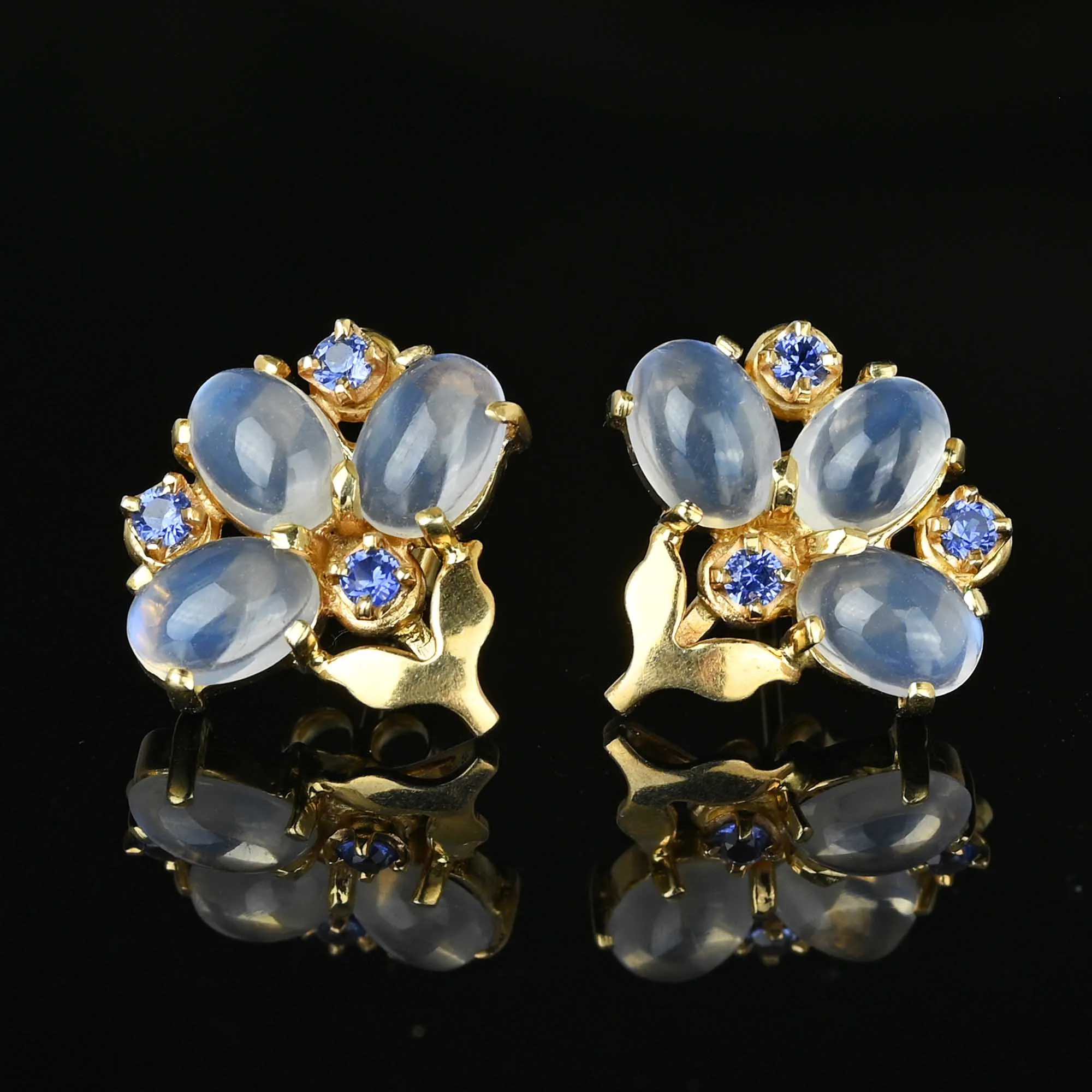 14K Gold Sapphire Cabochon Moonstone Earrings