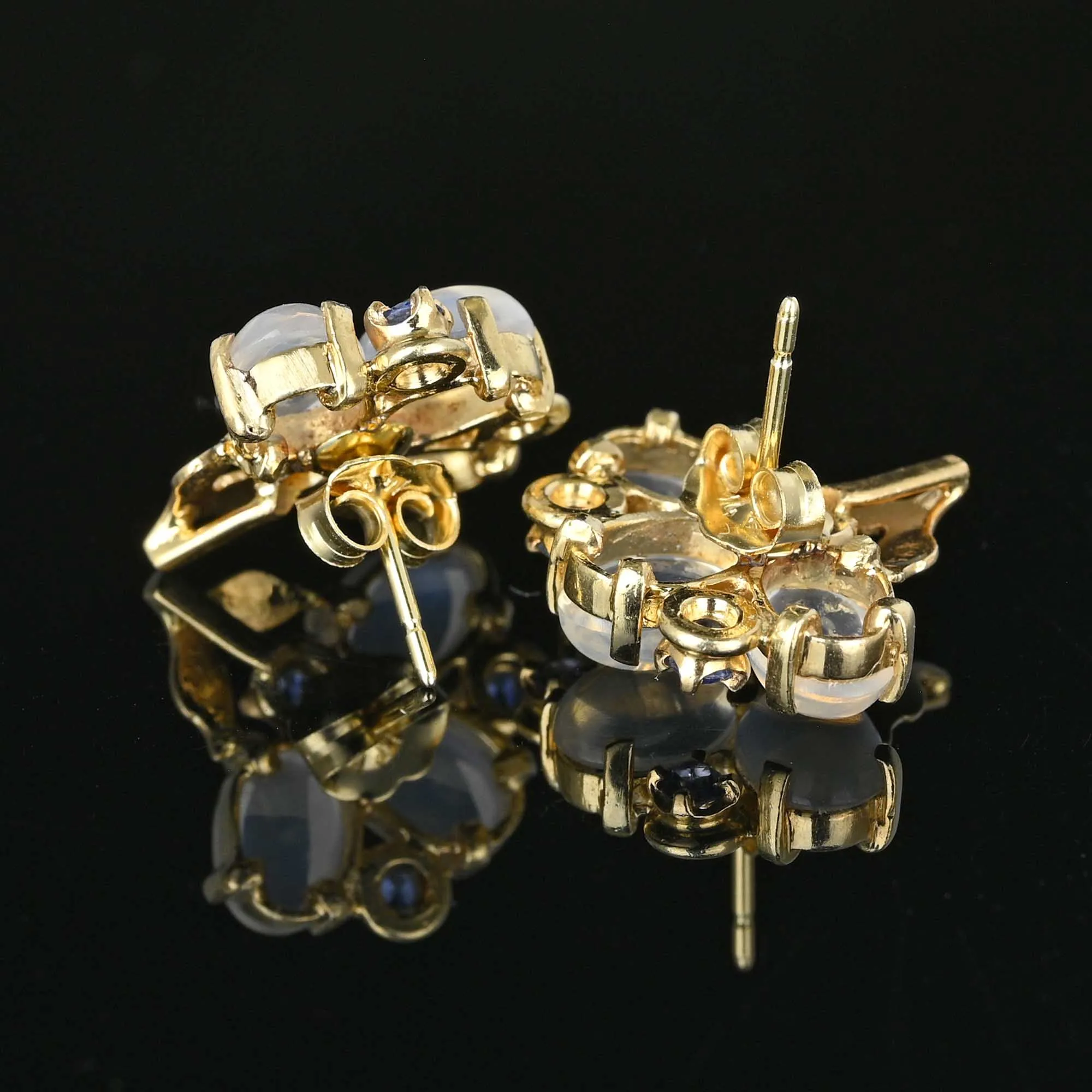 14K Gold Sapphire Cabochon Moonstone Earrings