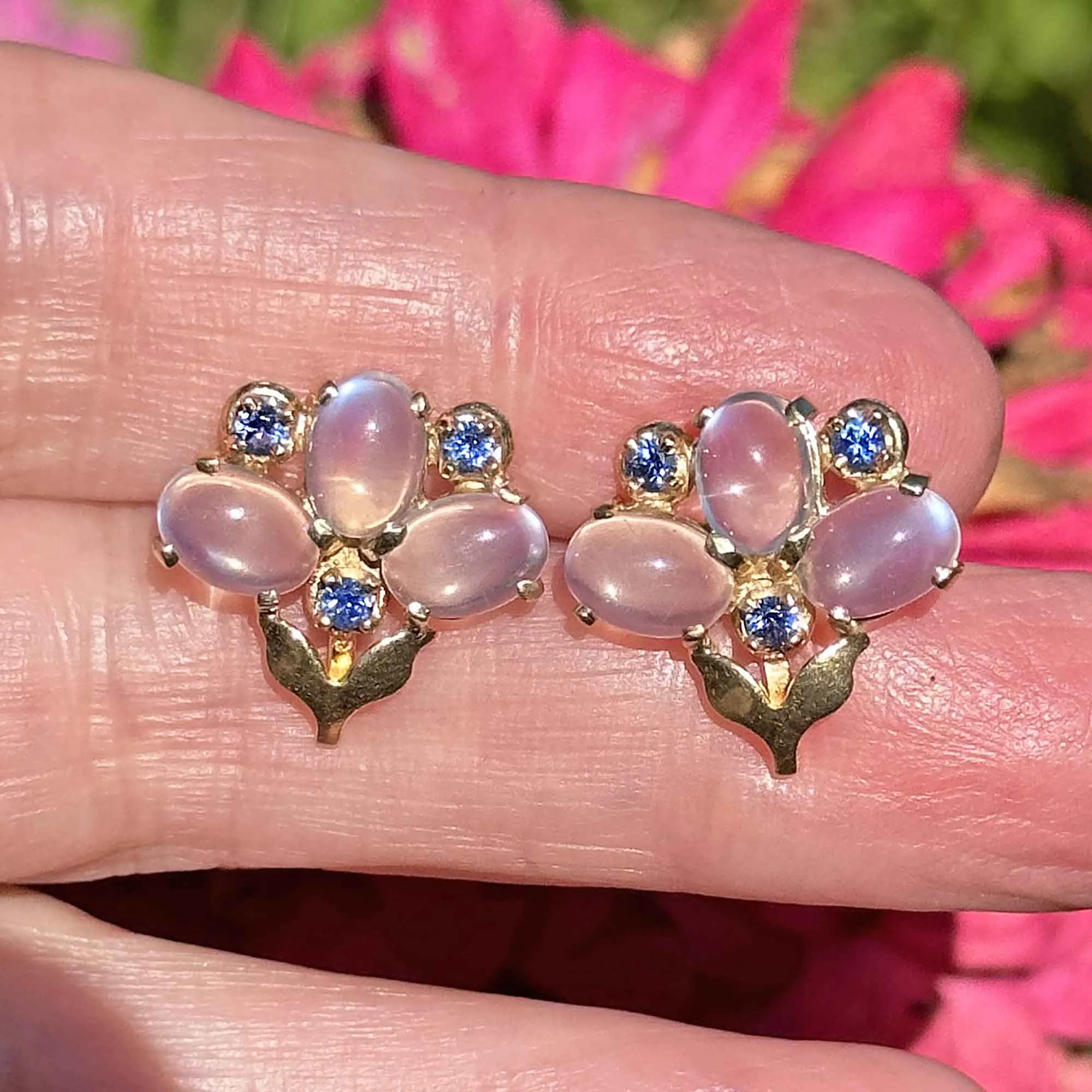 14K Gold Sapphire Cabochon Moonstone Earrings