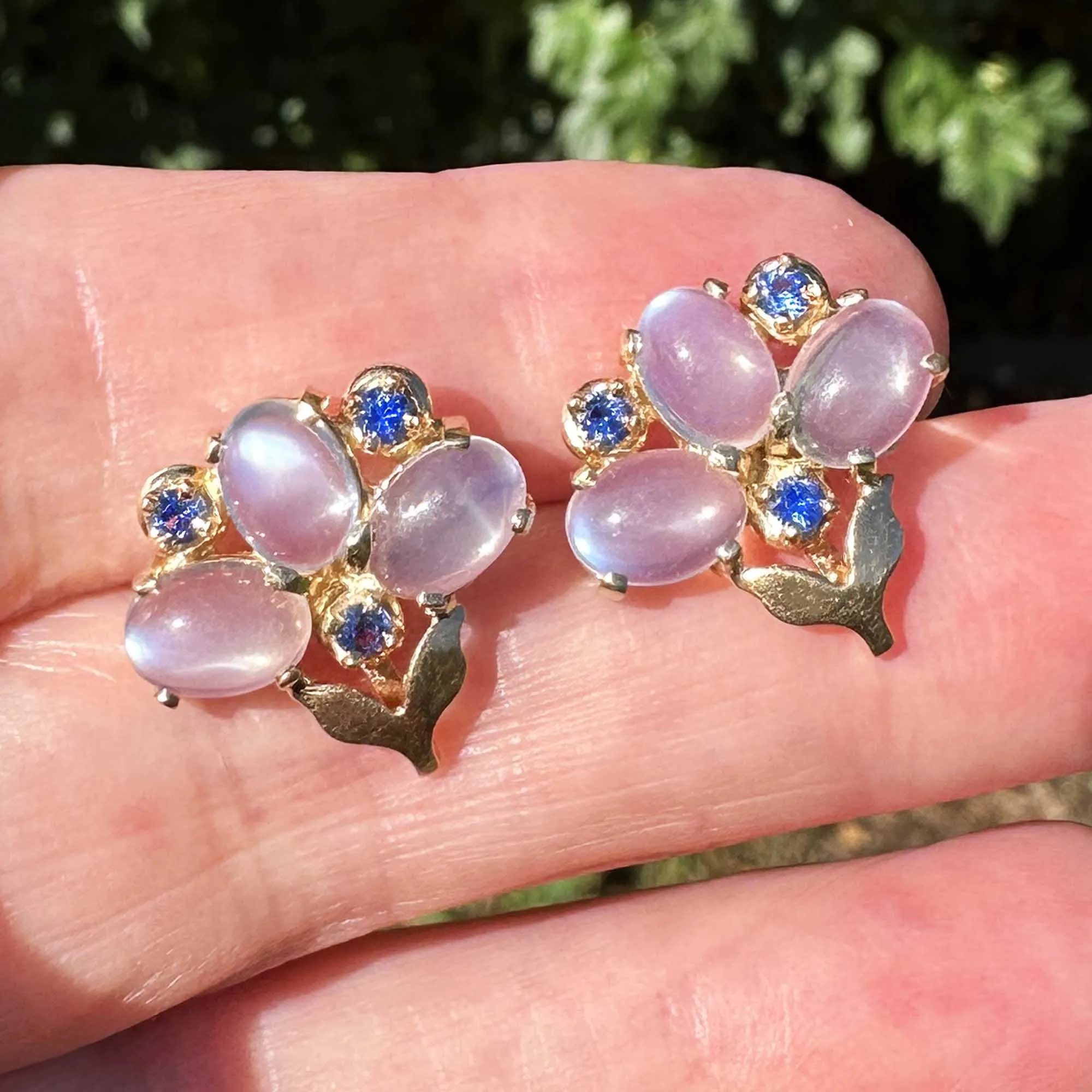 14K Gold Sapphire Cabochon Moonstone Earrings
