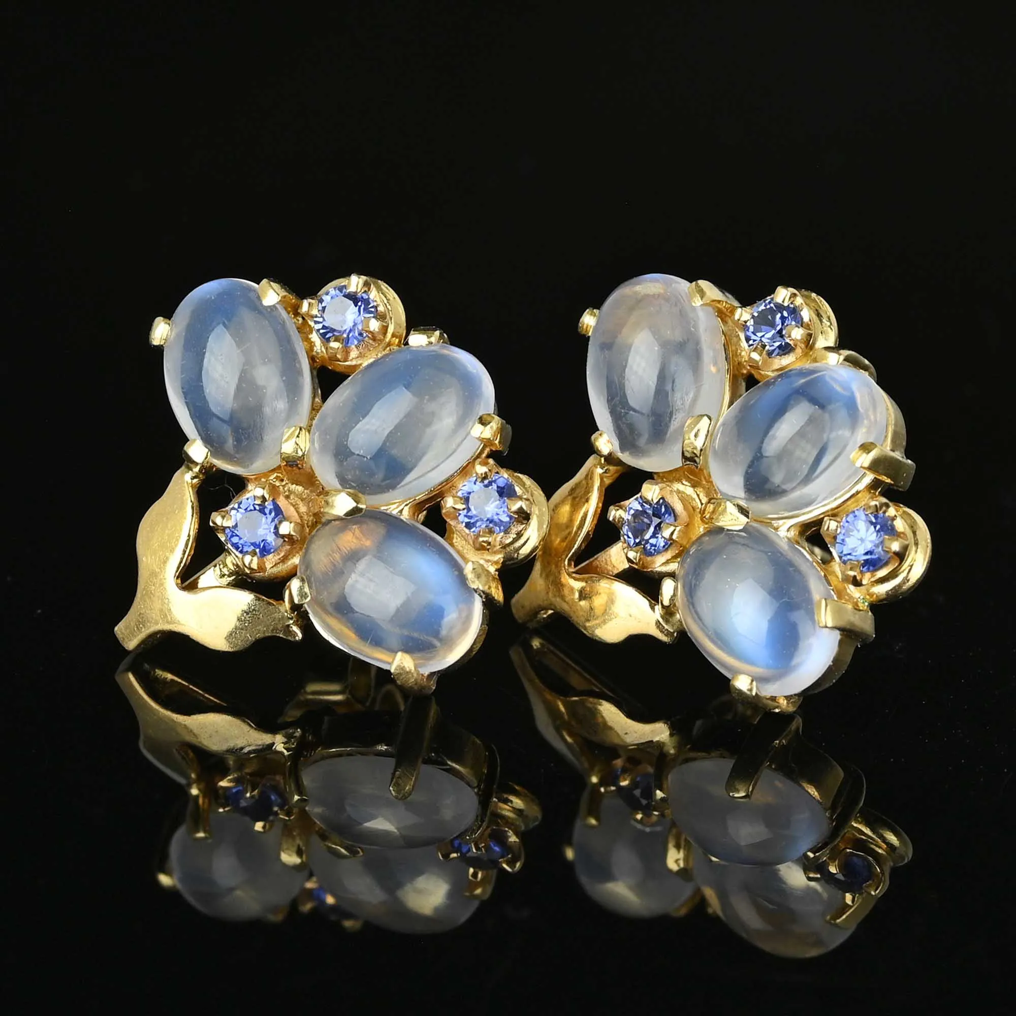 14K Gold Sapphire Cabochon Moonstone Earrings
