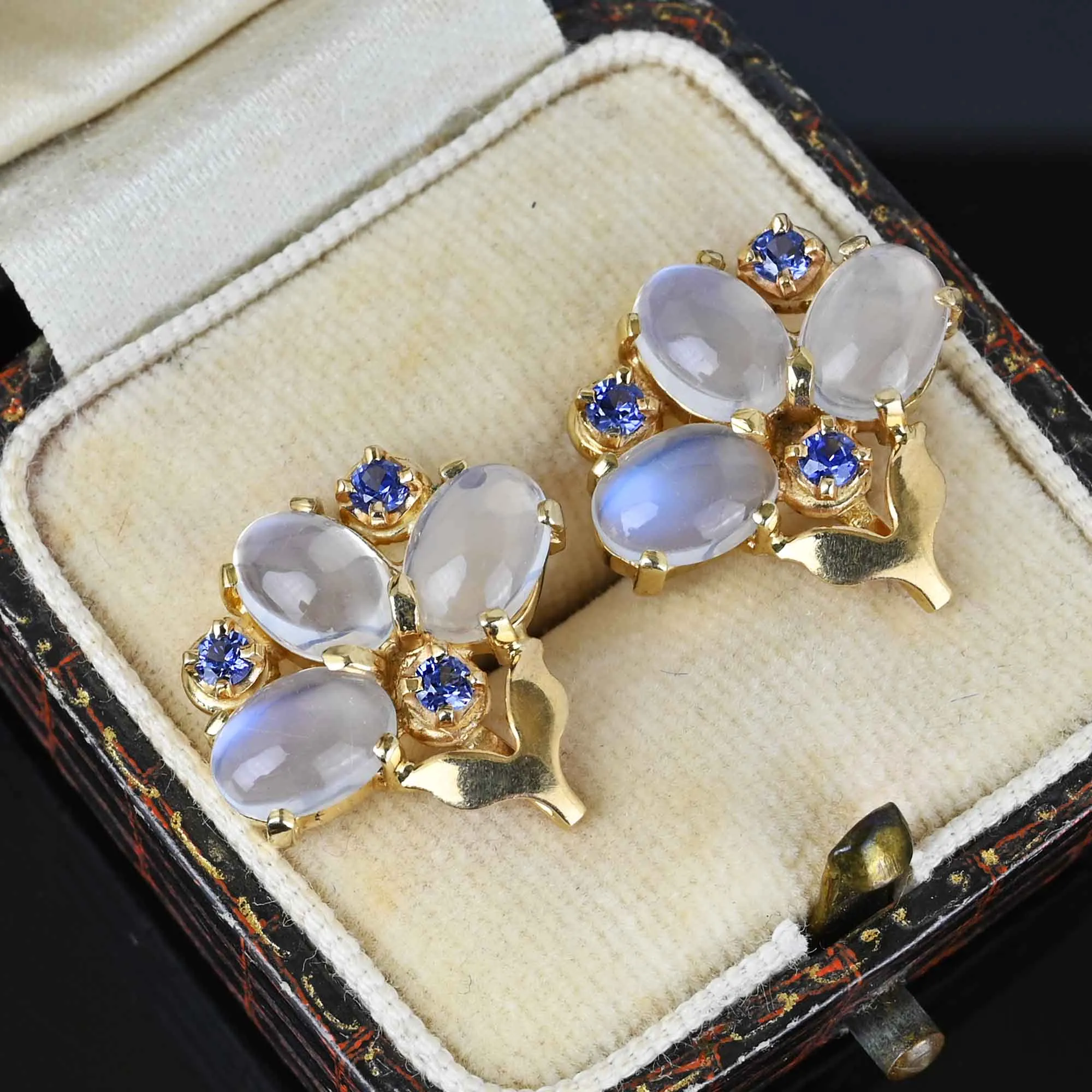 14K Gold Sapphire Cabochon Moonstone Earrings