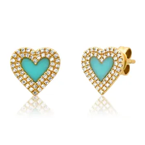 14K Gold Turquoise and Diamond Double Row Heart Stud Earrings