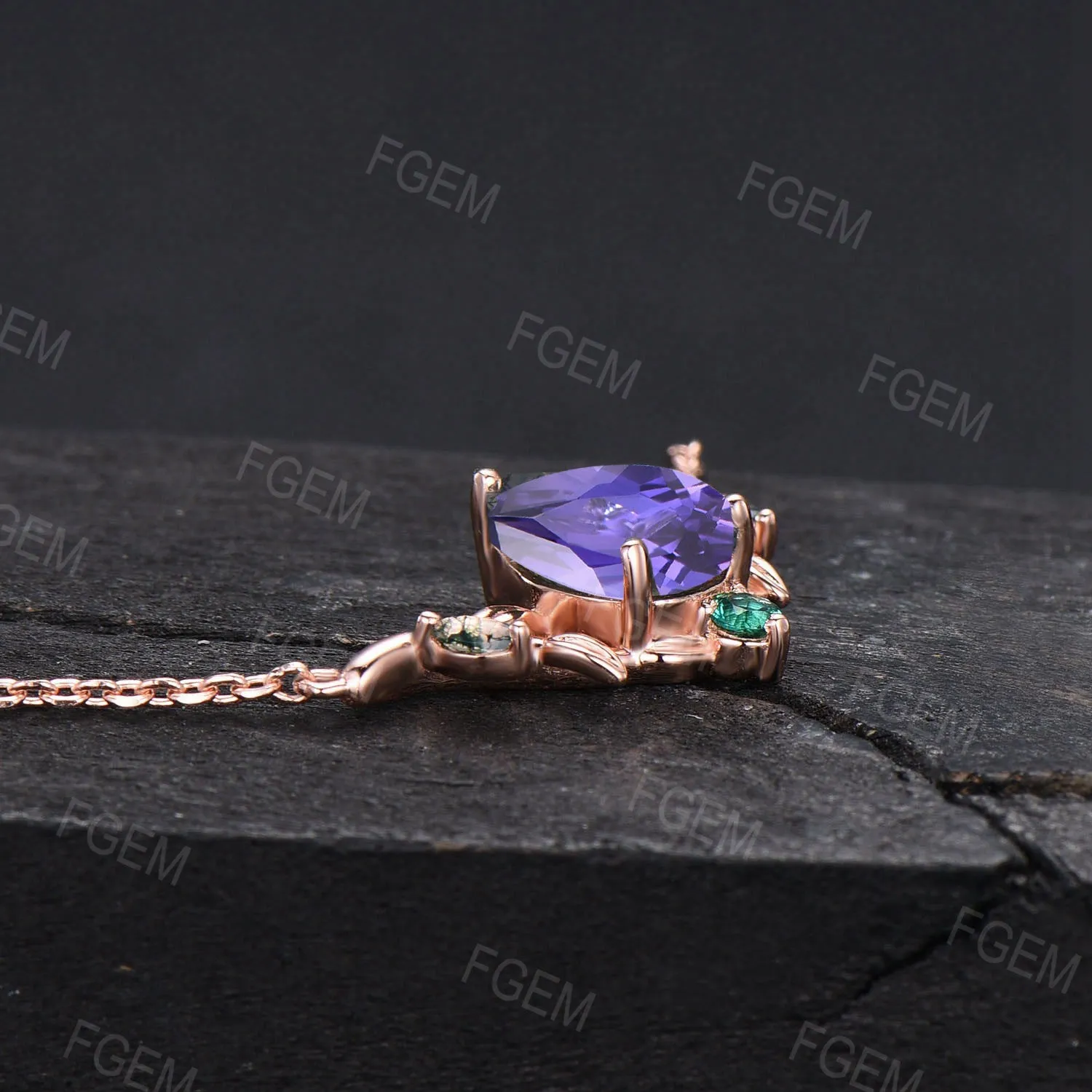 14k Rose Gold Leaf Wedding Necklace Vintage Teardrop Purple Sapphire Necklace Nature Inspired Olive Leaf Branch Necklace Anniversary Jewelry
