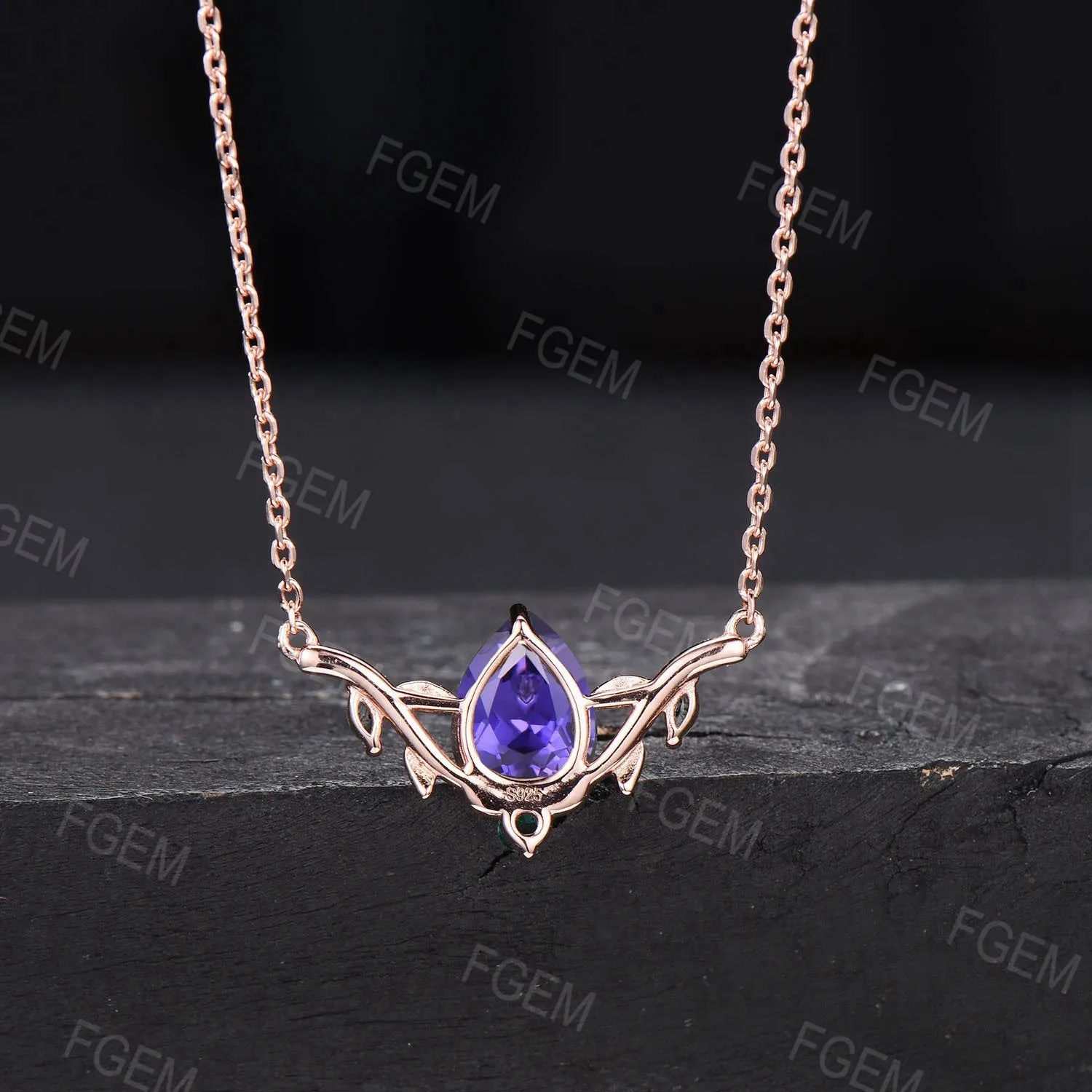 14k Rose Gold Leaf Wedding Necklace Vintage Teardrop Purple Sapphire Necklace Nature Inspired Olive Leaf Branch Necklace Anniversary Jewelry