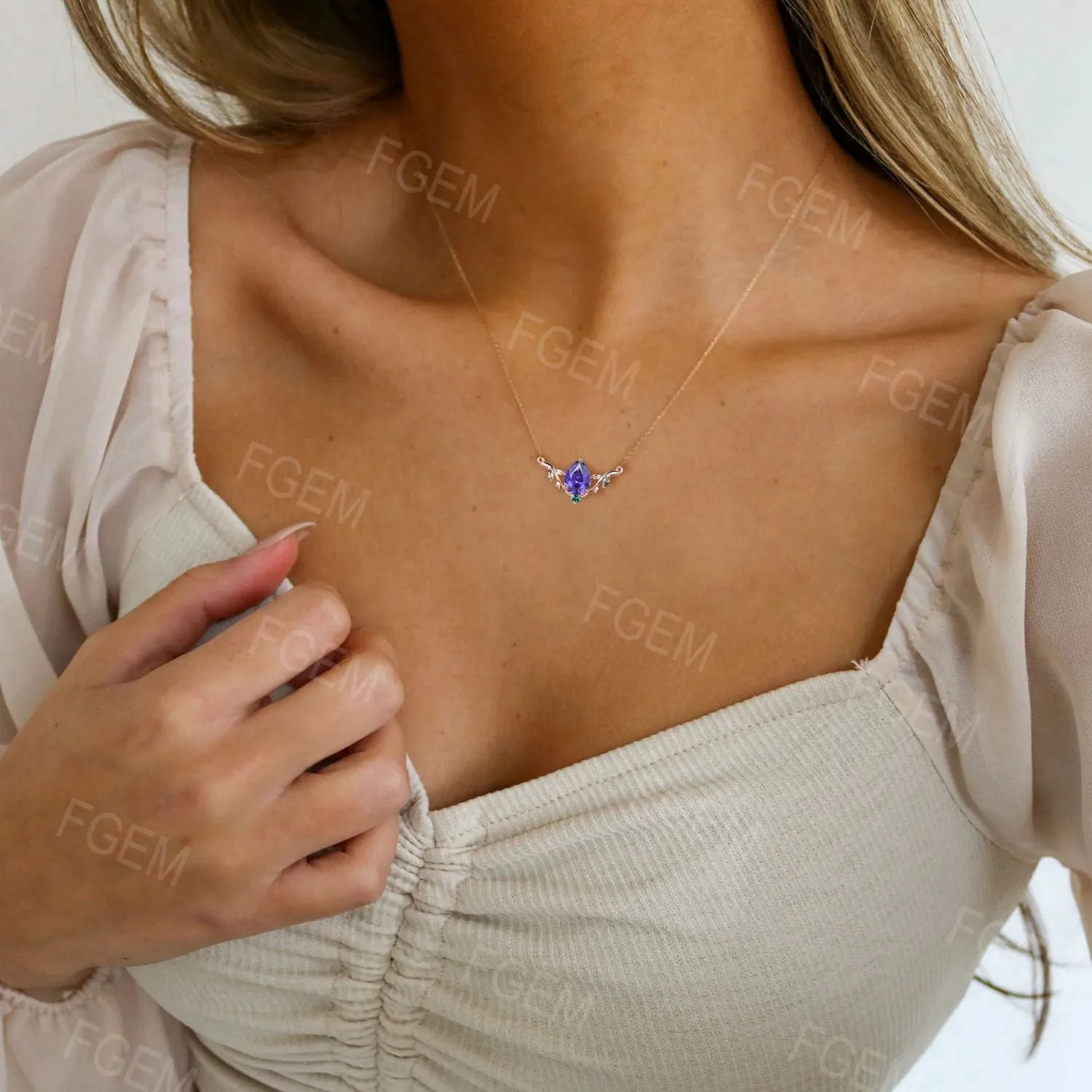 14k Rose Gold Leaf Wedding Necklace Vintage Teardrop Purple Sapphire Necklace Nature Inspired Olive Leaf Branch Necklace Anniversary Jewelry