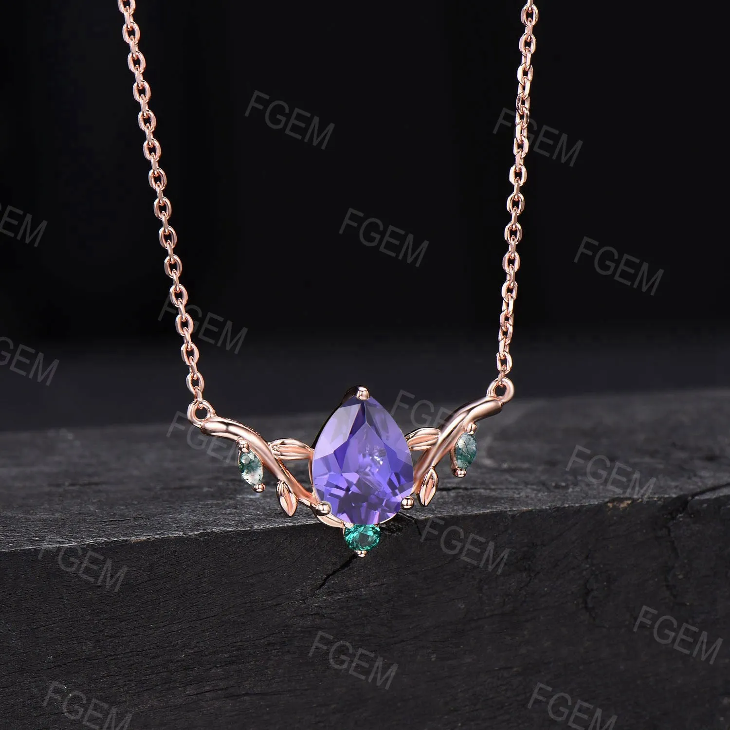 14k Rose Gold Leaf Wedding Necklace Vintage Teardrop Purple Sapphire Necklace Nature Inspired Olive Leaf Branch Necklace Anniversary Jewelry