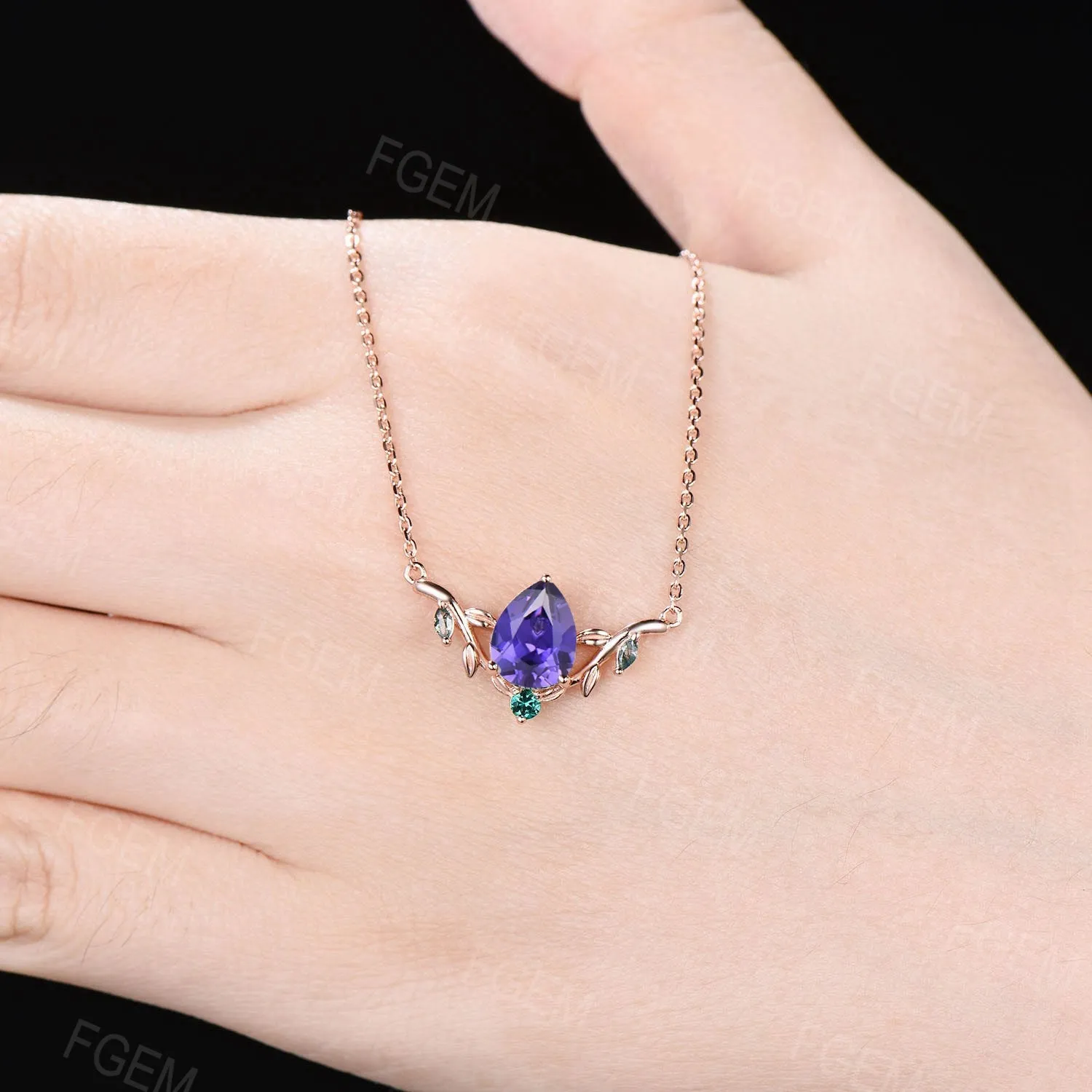 14k Rose Gold Leaf Wedding Necklace Vintage Teardrop Purple Sapphire Necklace Nature Inspired Olive Leaf Branch Necklace Anniversary Jewelry