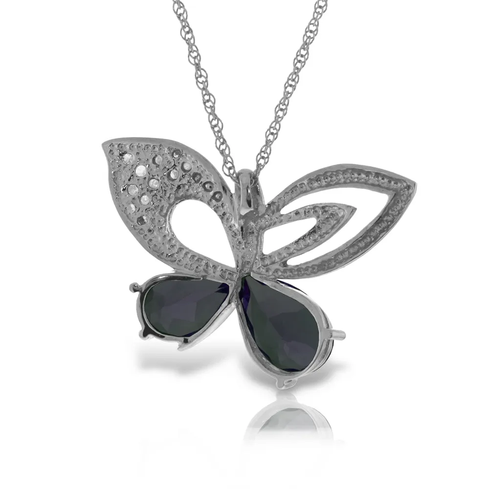 14K Solid White Gold Butterfly Necklace Natural Diamond & Sapphire Gemstone