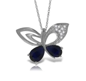 14K Solid White Gold Butterfly Necklace Natural Diamond & Sapphire Gemstone