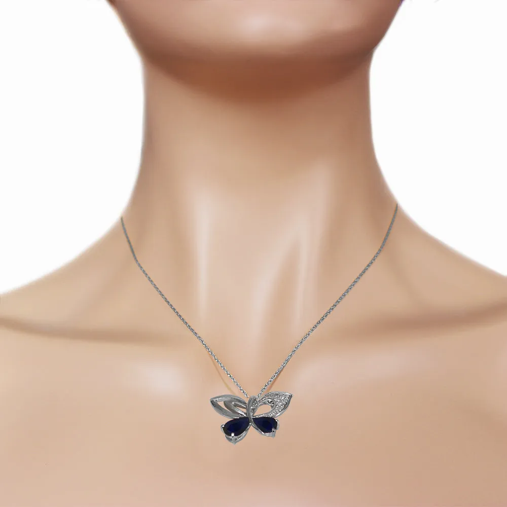 14K Solid White Gold Butterfly Necklace Natural Diamond & Sapphire Gemstone