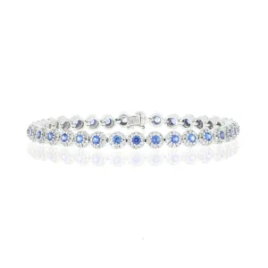 14k White Gold Blue Sapphire and Diamond Halo Tennis Bracelet