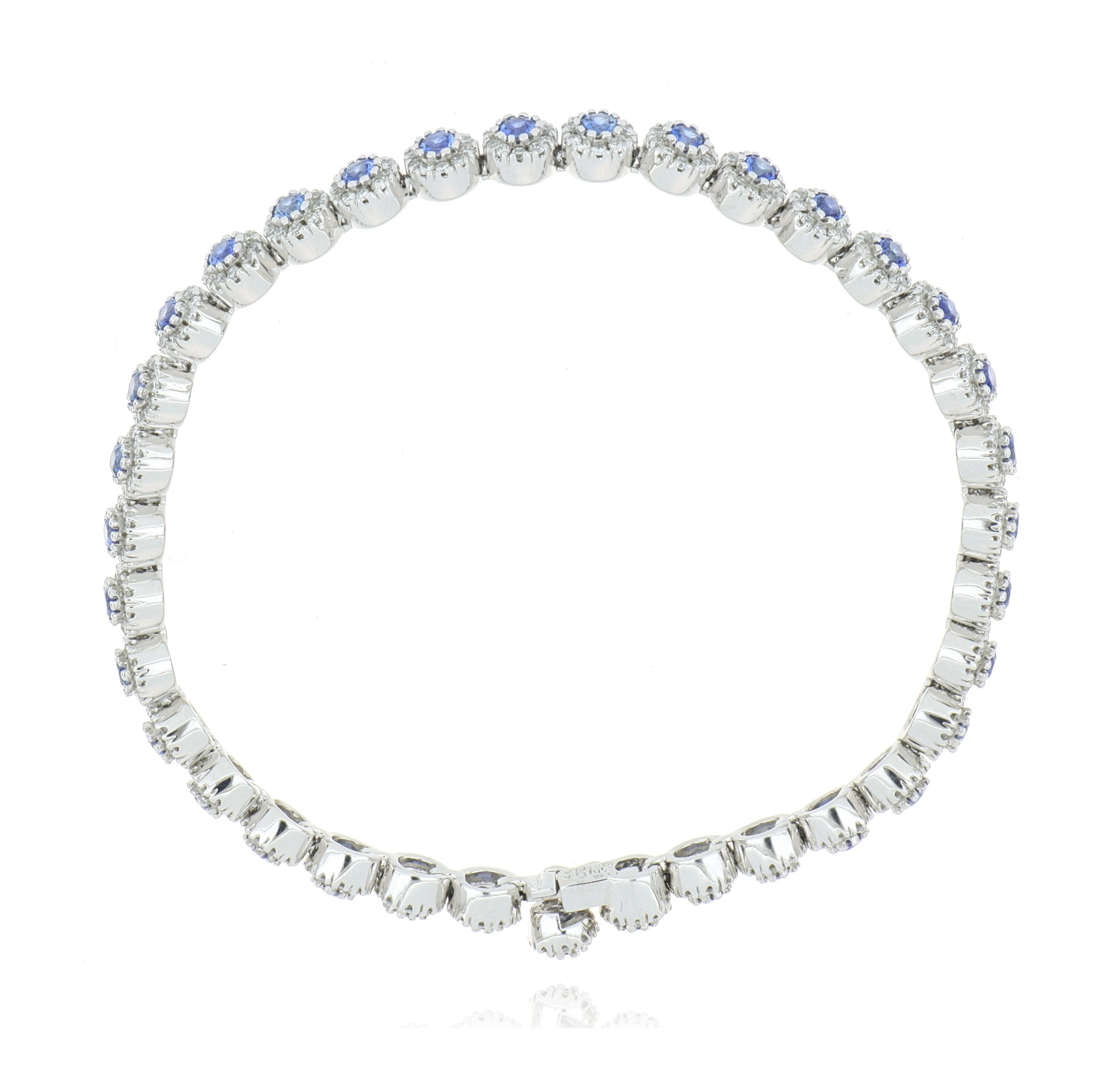 14k White Gold Blue Sapphire and Diamond Halo Tennis Bracelet