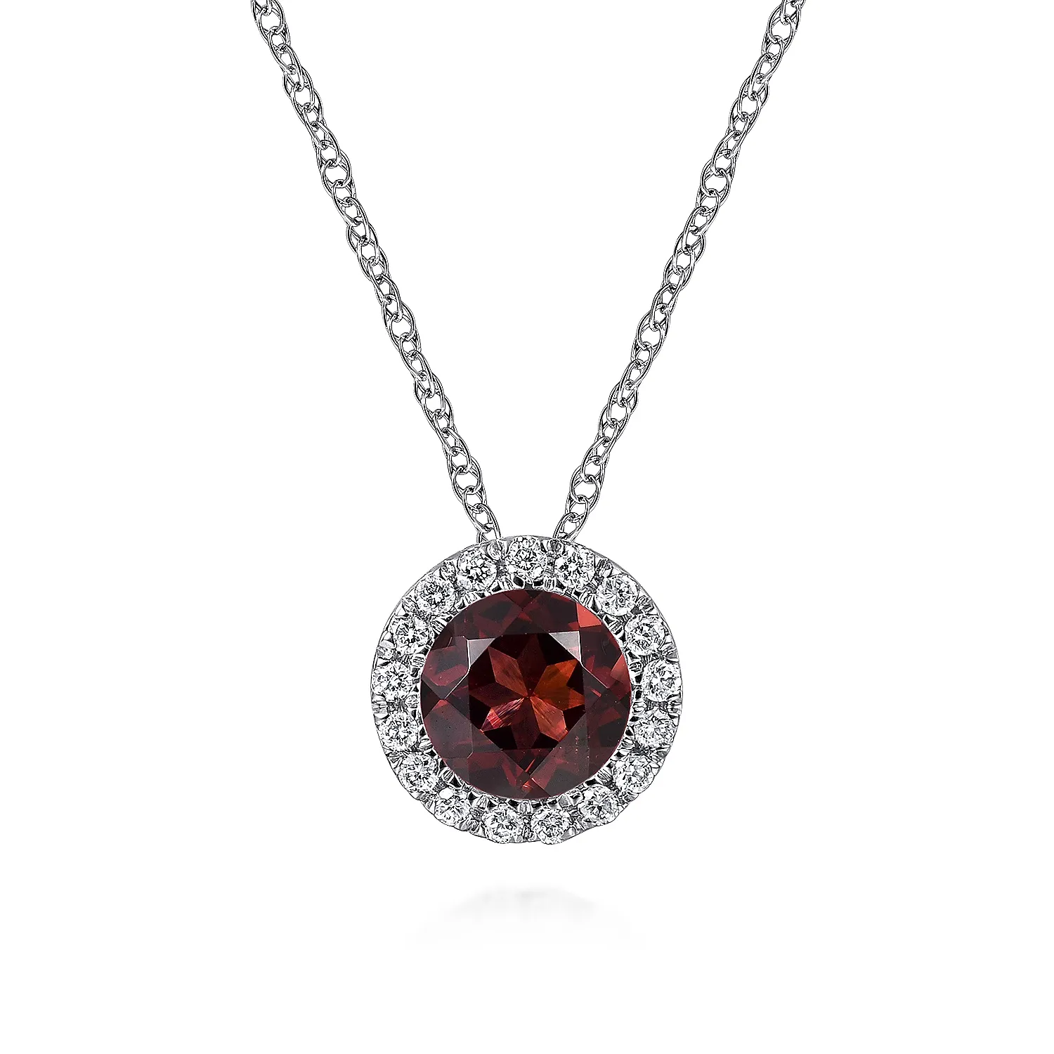 14k White Gold Diamond Halo Garnet Pendant Necklace