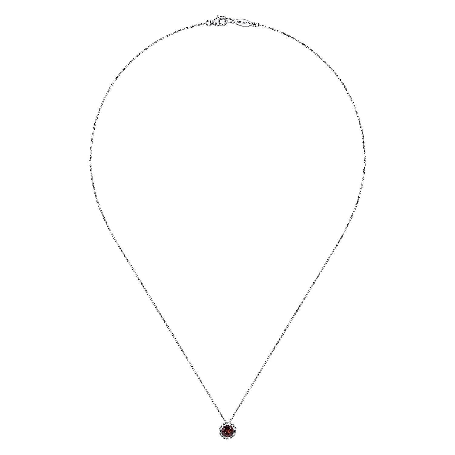 14k White Gold Diamond Halo Garnet Pendant Necklace