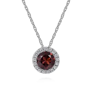 14k White Gold Diamond Halo Garnet Pendant Necklace