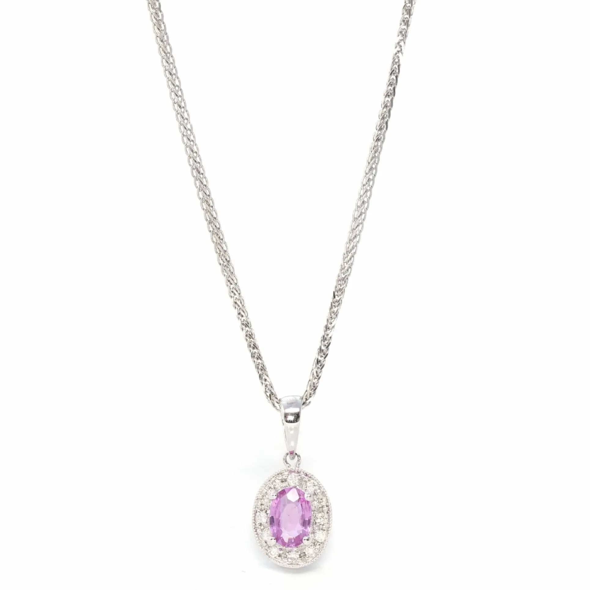 14k White Gold Natural Oval Pink Sapphire Necklace With Diamond Halo