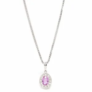 14k White Gold Natural Oval Pink Sapphire Necklace With Diamond Halo