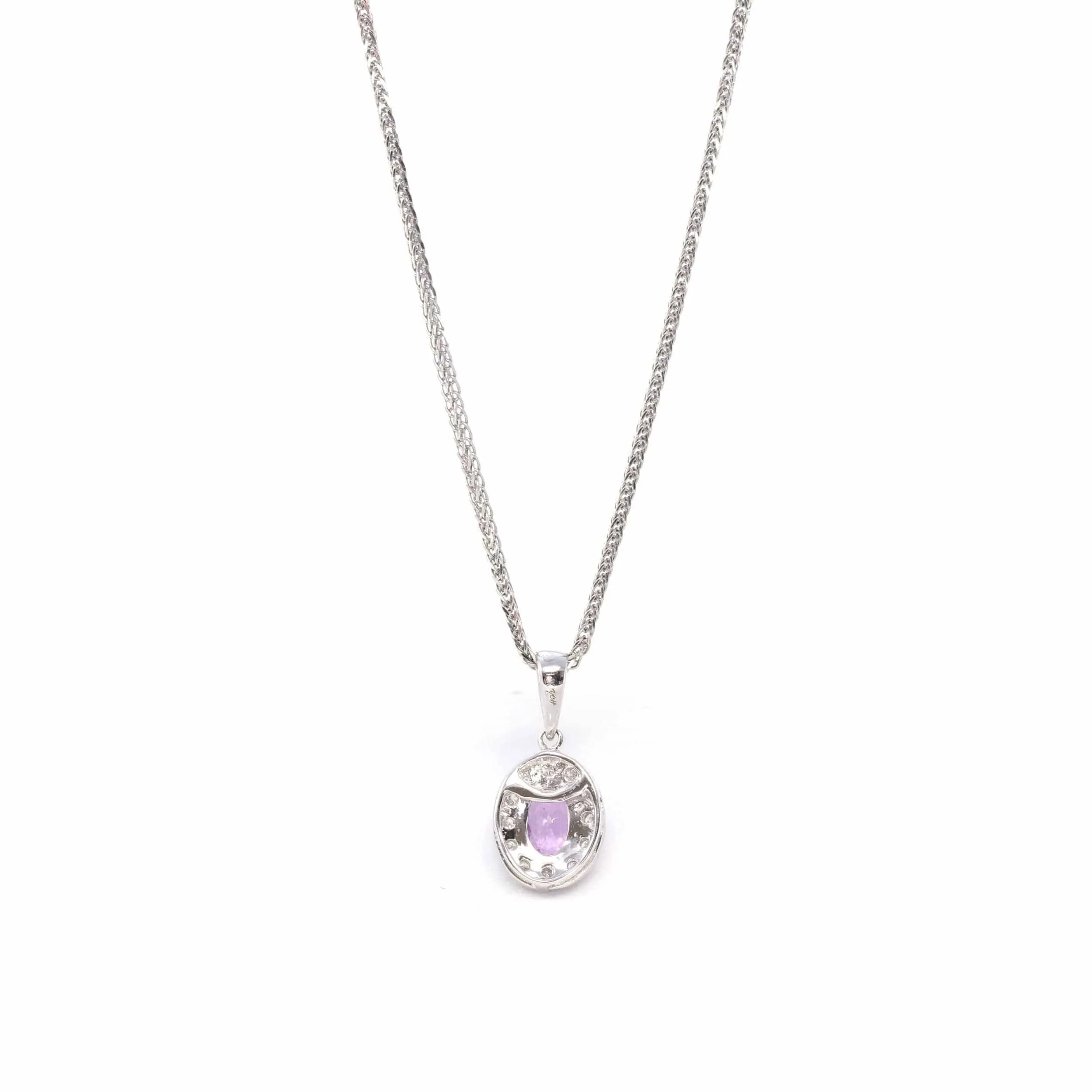 14k White Gold Natural Oval Pink Sapphire Necklace With Diamond Halo
