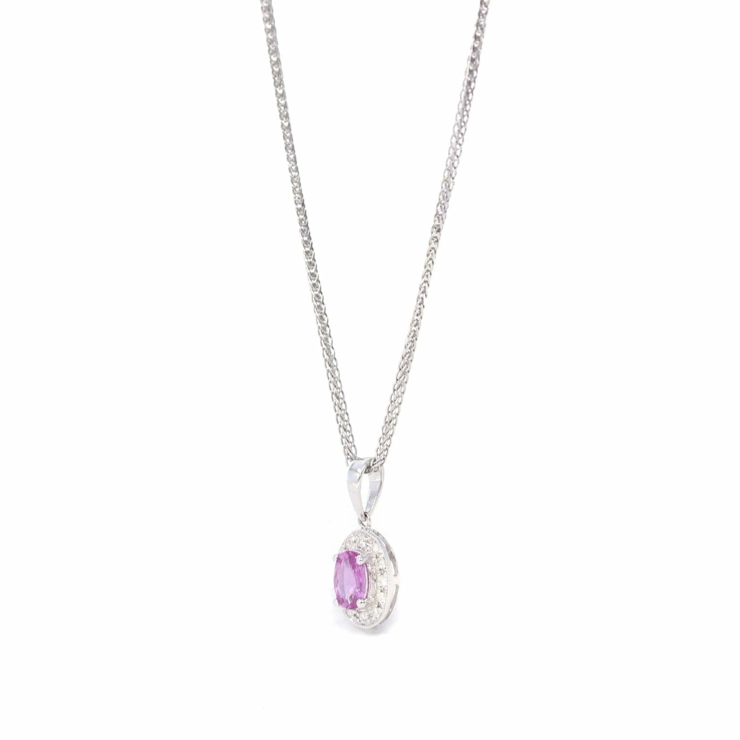 14k White Gold Natural Oval Pink Sapphire Necklace With Diamond Halo
