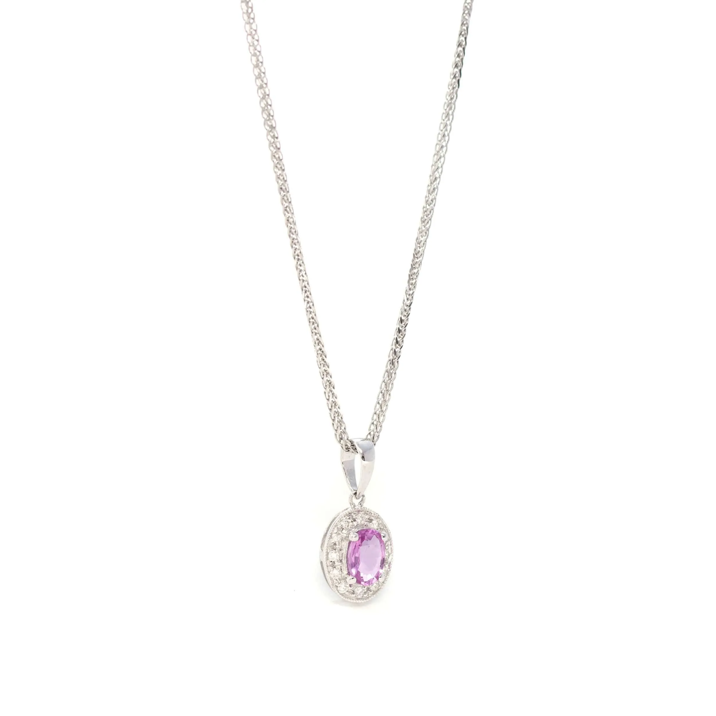 14k White Gold Natural Oval Pink Sapphire Necklace With Diamond Halo