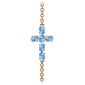 1.7 Carat 14K Solid Rose Gold Cross Bracelet Natural Blue Topaz