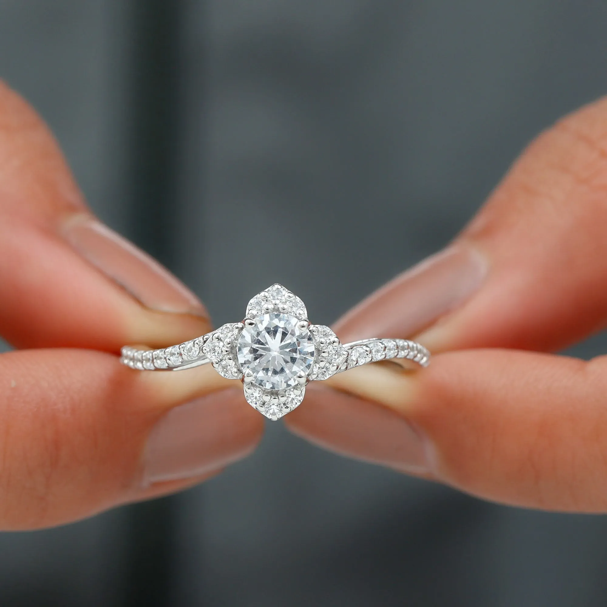 1.75 CT Bypass Shank Round Zircon Flower Engagement Ring