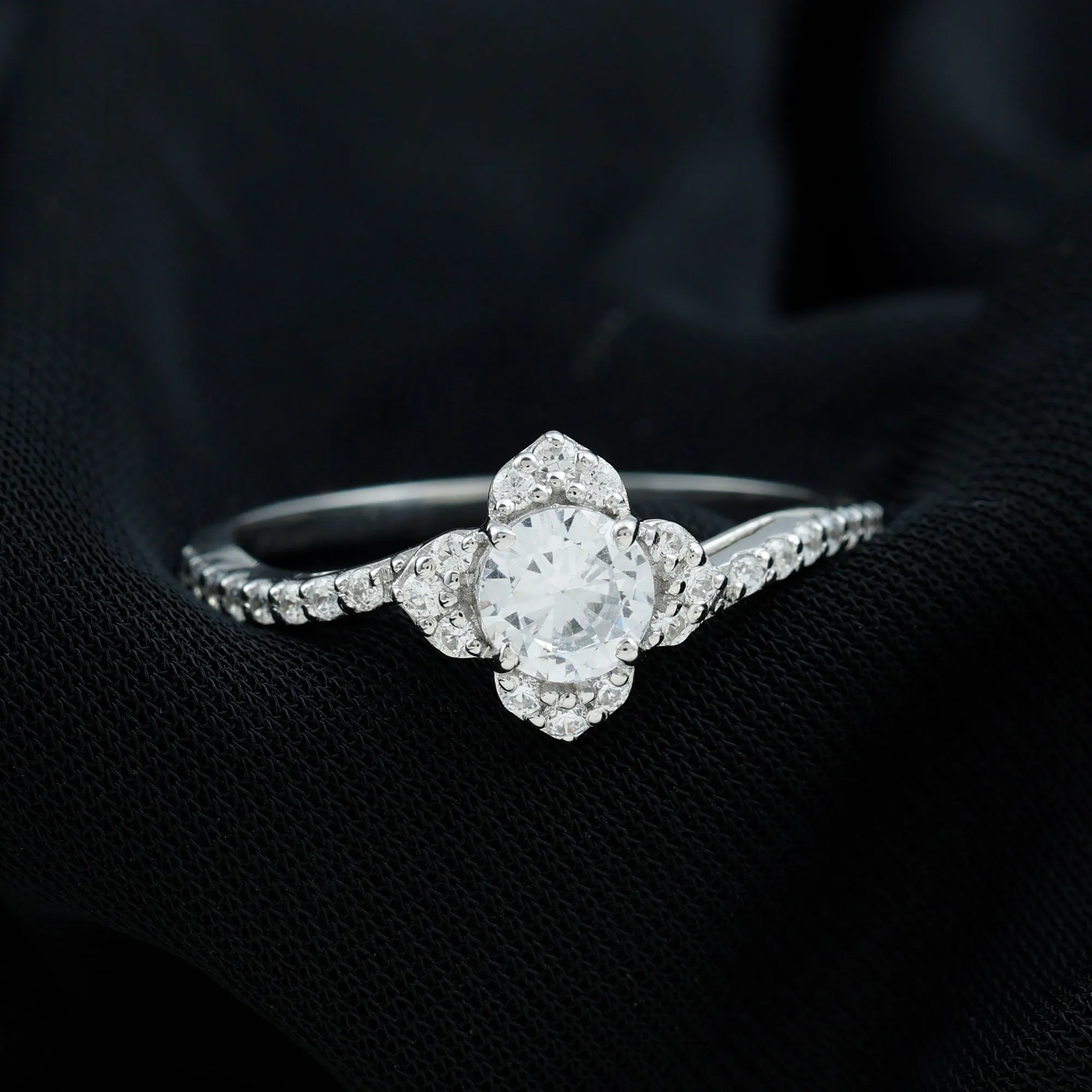 1.75 CT Bypass Shank Round Zircon Flower Engagement Ring