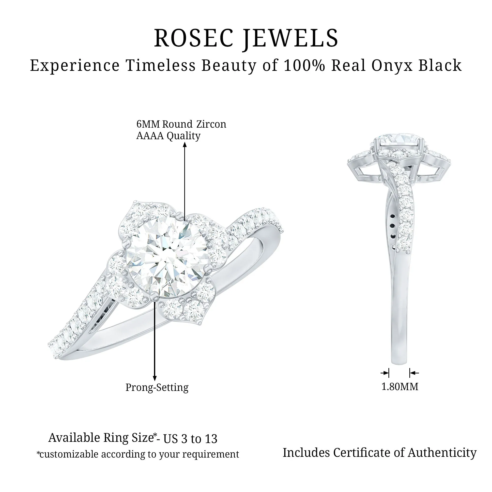 1.75 CT Bypass Shank Round Zircon Flower Engagement Ring