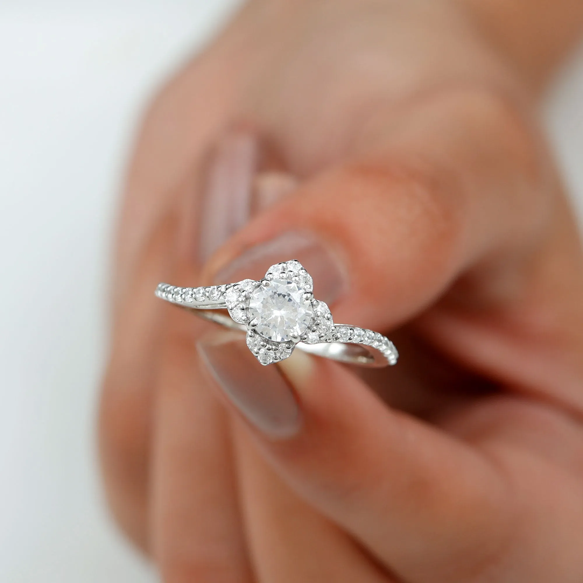1.75 CT Bypass Shank Round Zircon Flower Engagement Ring
