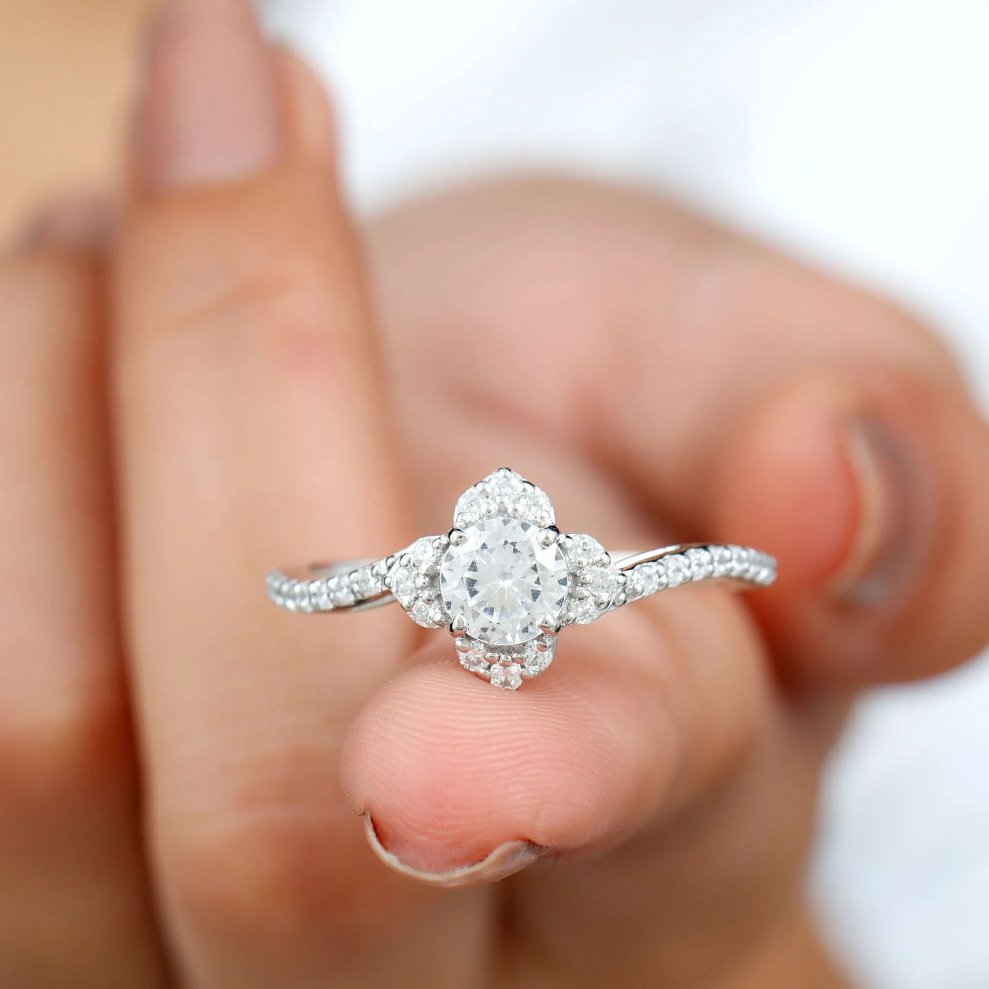 1.75 CT Bypass Shank Round Zircon Flower Engagement Ring