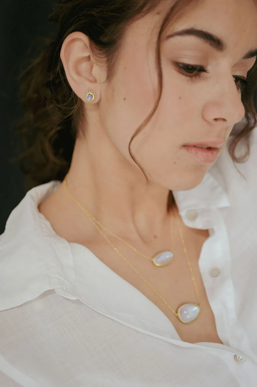 18 Karat Gold Baby Burma Moonstone Granulation Studs, Large