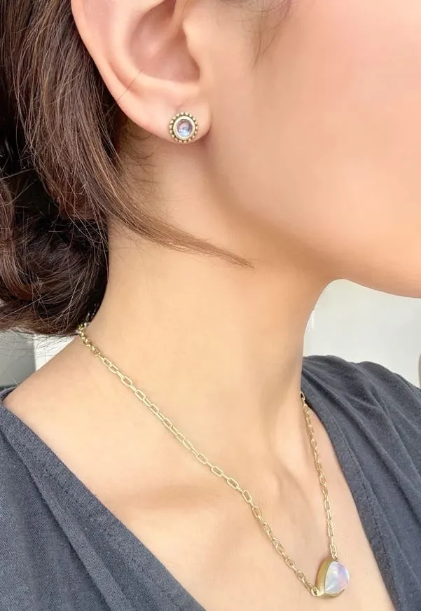 18 Karat Gold Baby Burma Moonstone Granulation Studs, Large