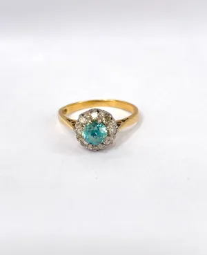 18ct Gold, Art Deco (1940s) Blue Zircon and Diamond Cluster Ring