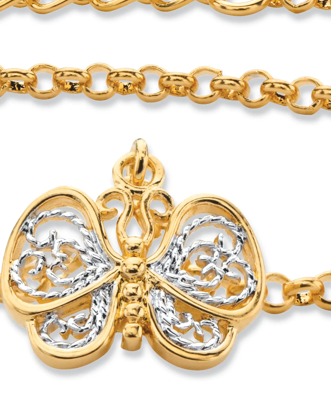 18k Gold-Plated Two-Tone Filigree Butterfly Ankle Bracelet Adjustable 9" to 11" | Yellow