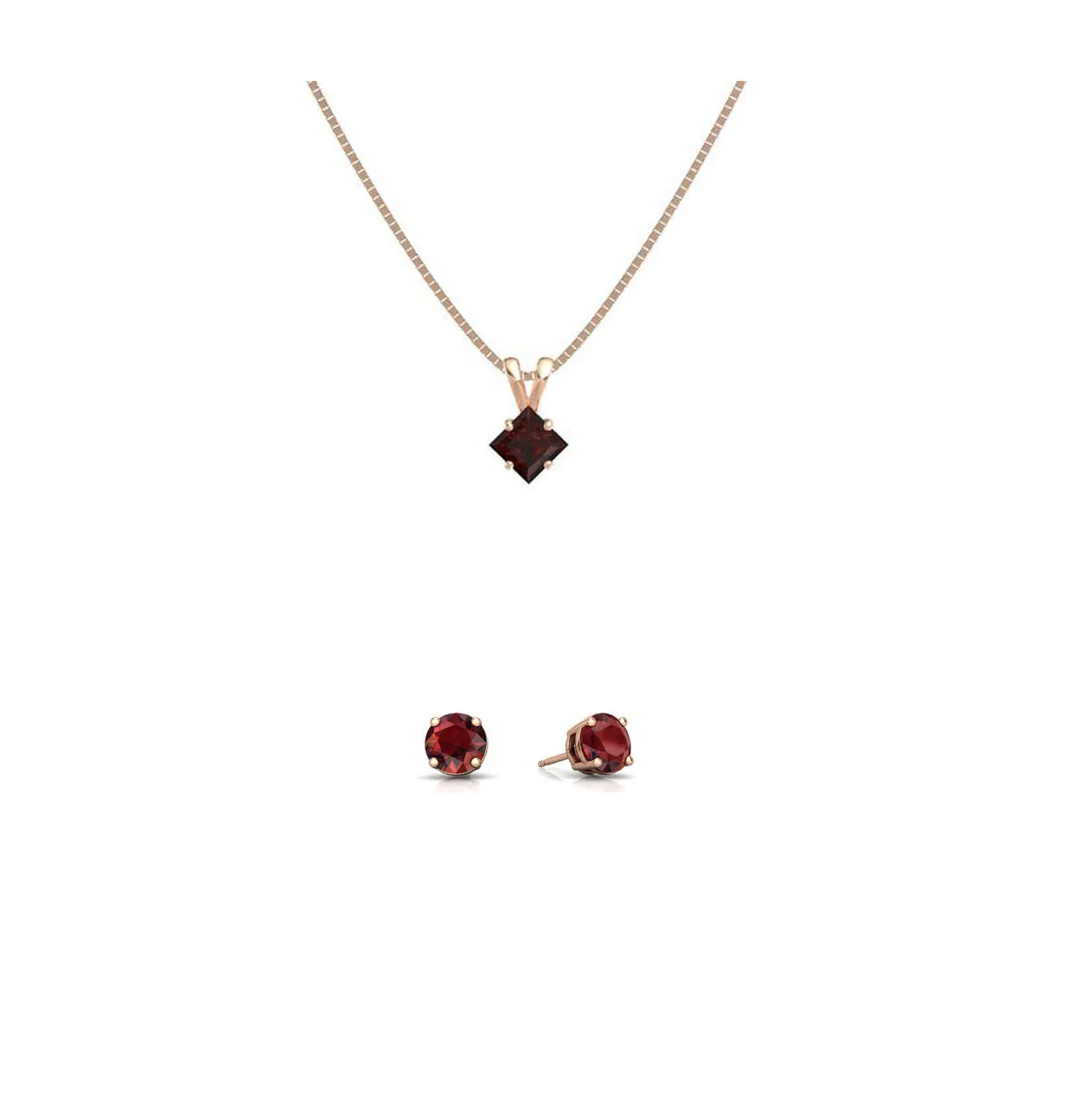 18K Rose Gold 1ct Garnet Square 18 Inch Necklace and Round Earrings Set Plated