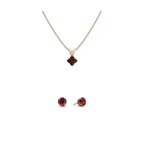 18K Rose Gold 1ct Garnet Square 18 Inch Necklace and Round Earrings Set Plated